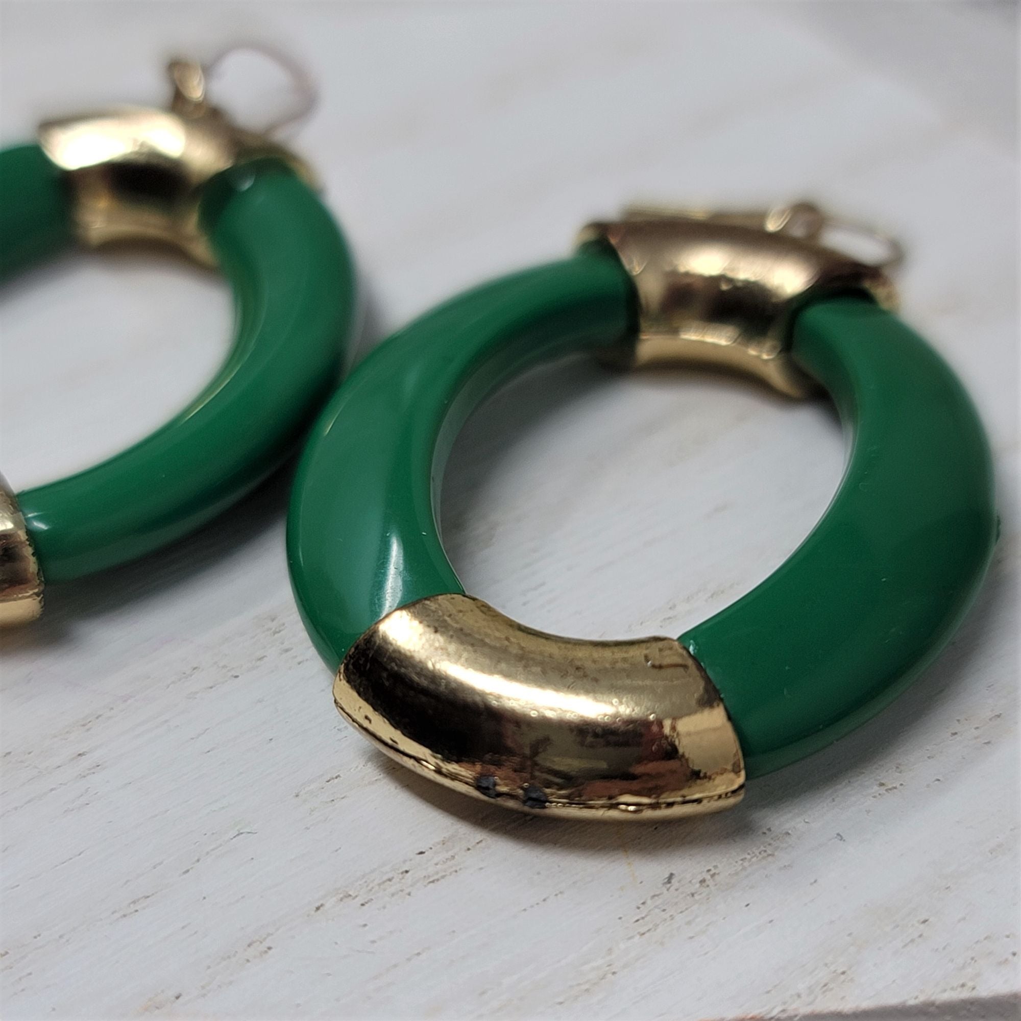Awesome Large Green & Gold Earrings Pierced Wires