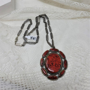Burnt Red Large Pendant w/ Fancy Silver Tone Chain
