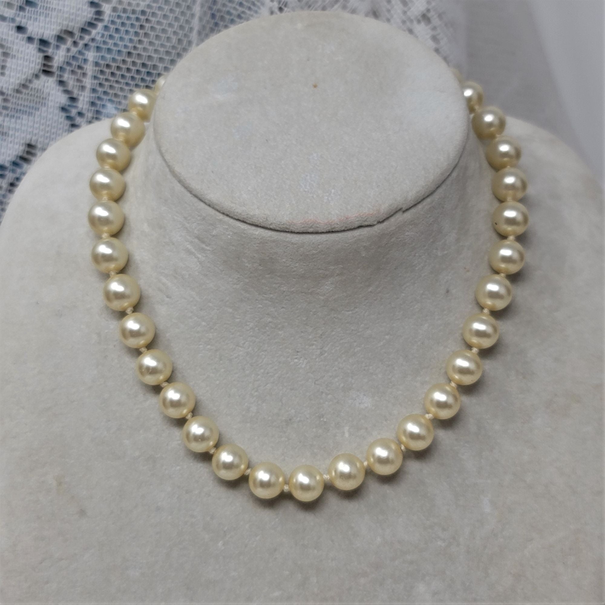 Vintage 10mm Faux Pearl Necklace Knotted Silver Clasp