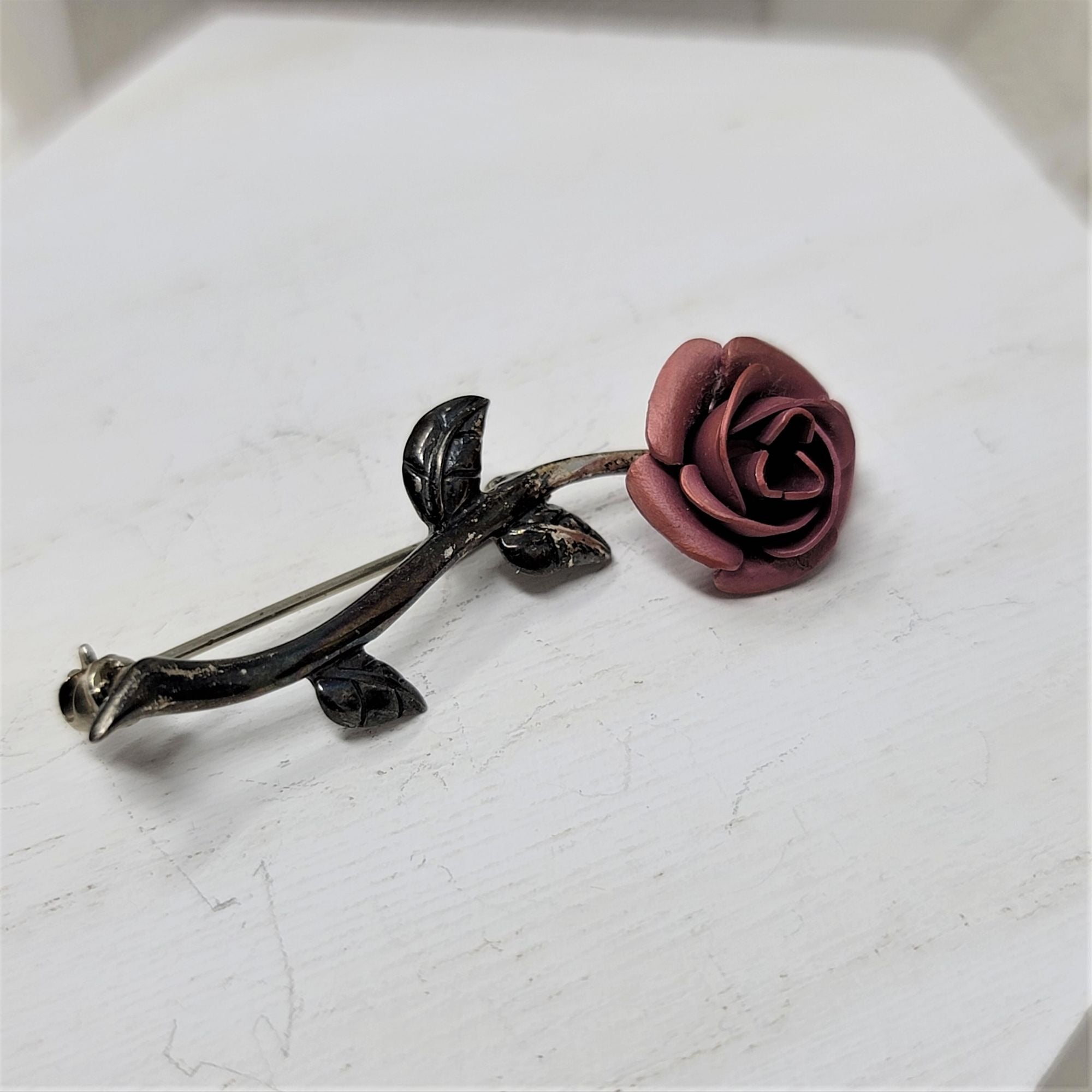Delicate Sterling Silver Red Rose Pin Brooch Marked 925 Vintage