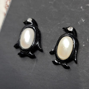 Black Penguins with Pearl Belly Pierced Earrings