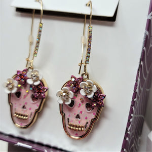 Betsey Johnson Pink Skull Rhinestone n Flowers Earrings