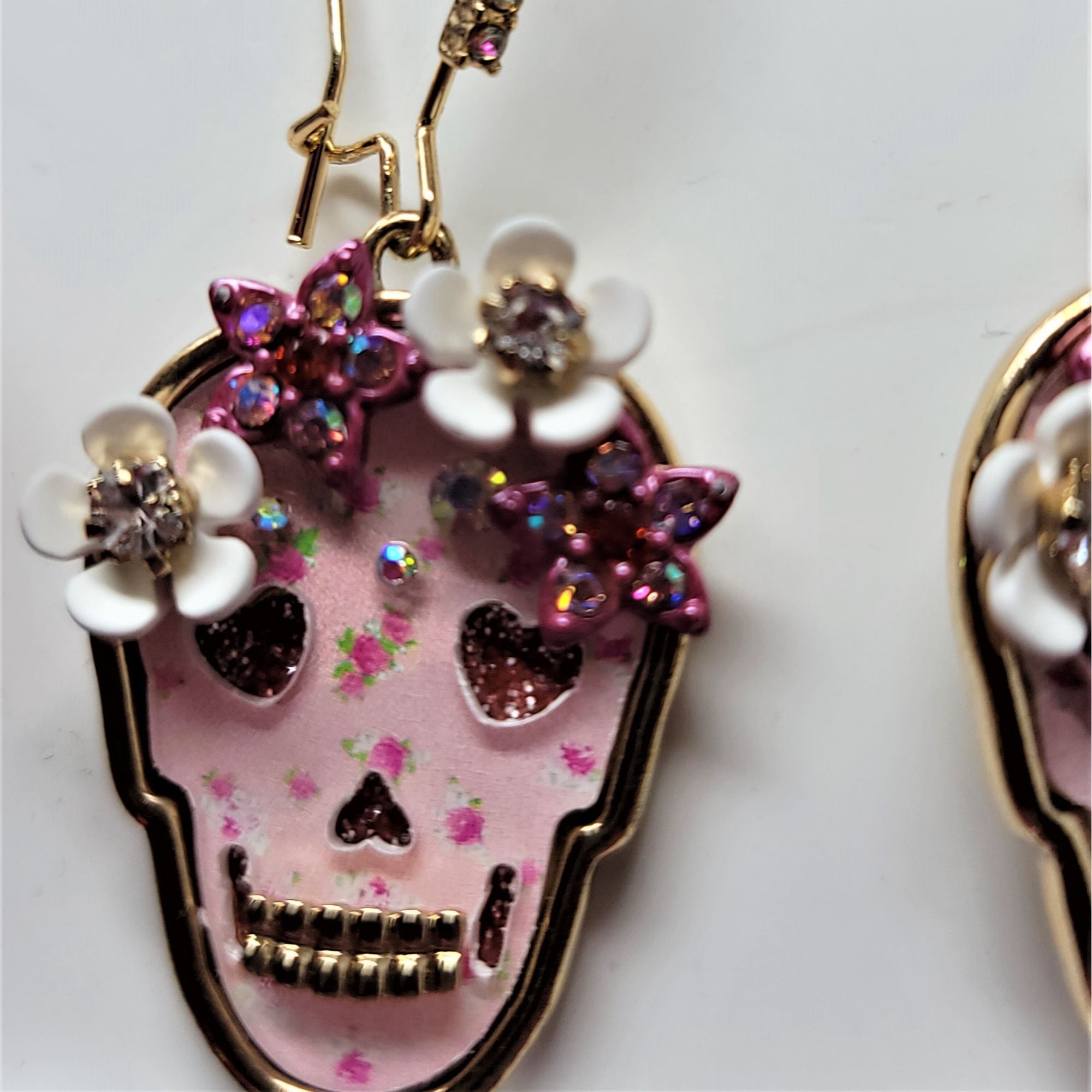 Betsey Johnson Pink Skull Rhinestone n Flowers Earrings