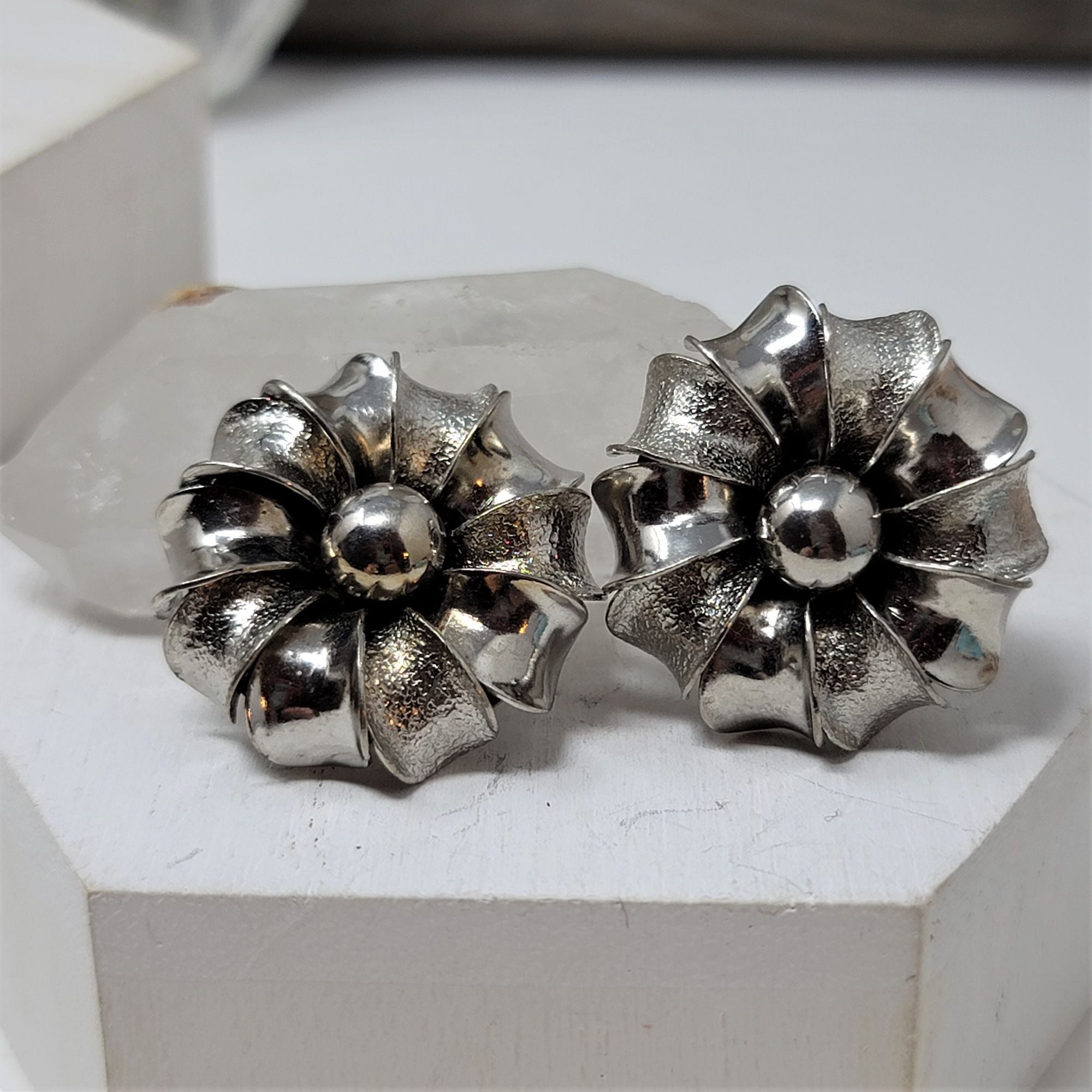 Vintage Silverton Flower Earrings Clip On Beautiful
