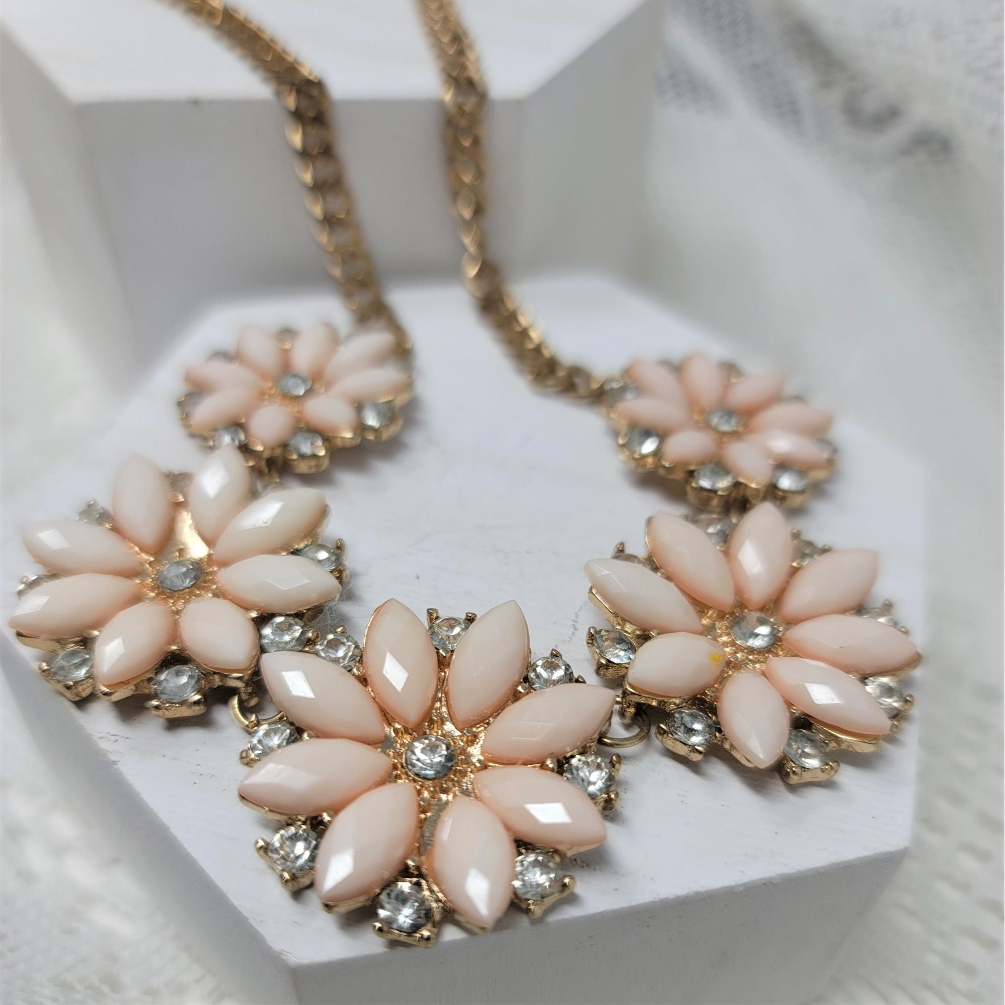 Pink Flower & Rhinestone Necklace Goldtone