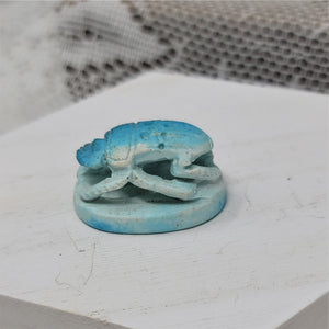 Vintage Clay Scarab Bead from Egypt Hieroglyphics Blue