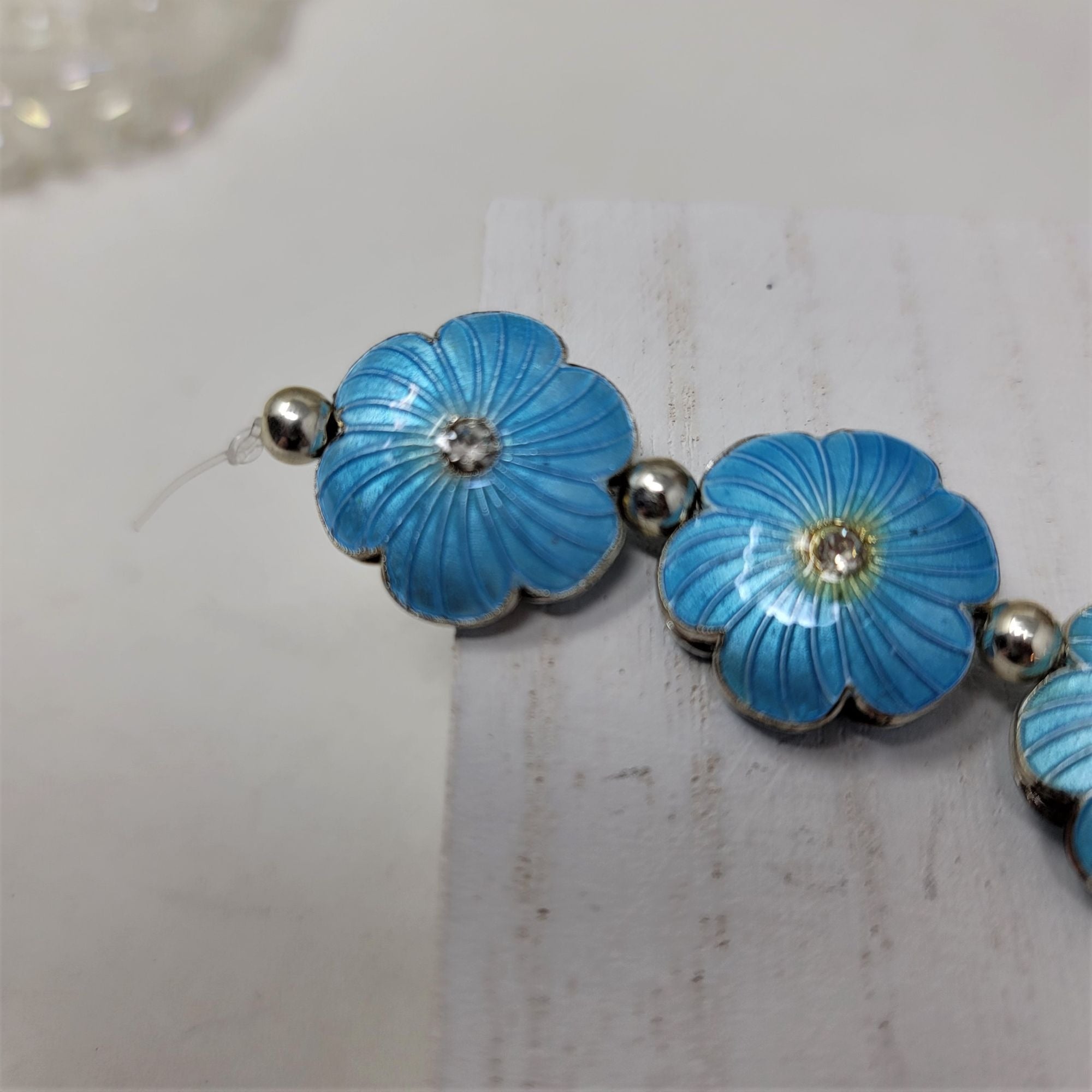 Vintage Enameled Beads Flower Design Rhinestone Blue Puffy