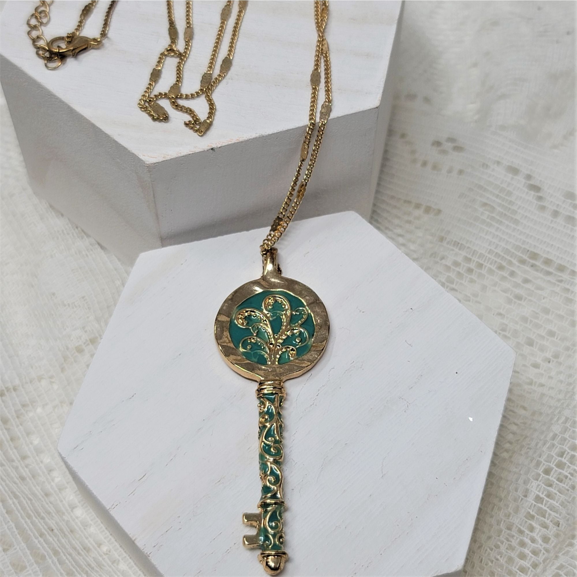 Awesome Key Necklace Gold & Aqua Delicate Chain