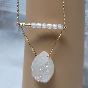 Glittery White Druze Necklace Gold tone