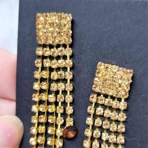 Topaz Long Dangle Rhinestone Earrings Pierced Posts Golden