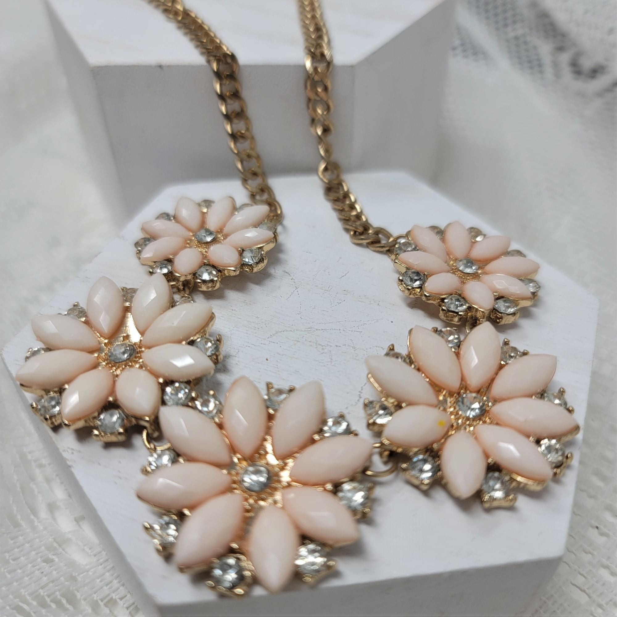 Pink Flower & Rhinestone Necklace Goldtone