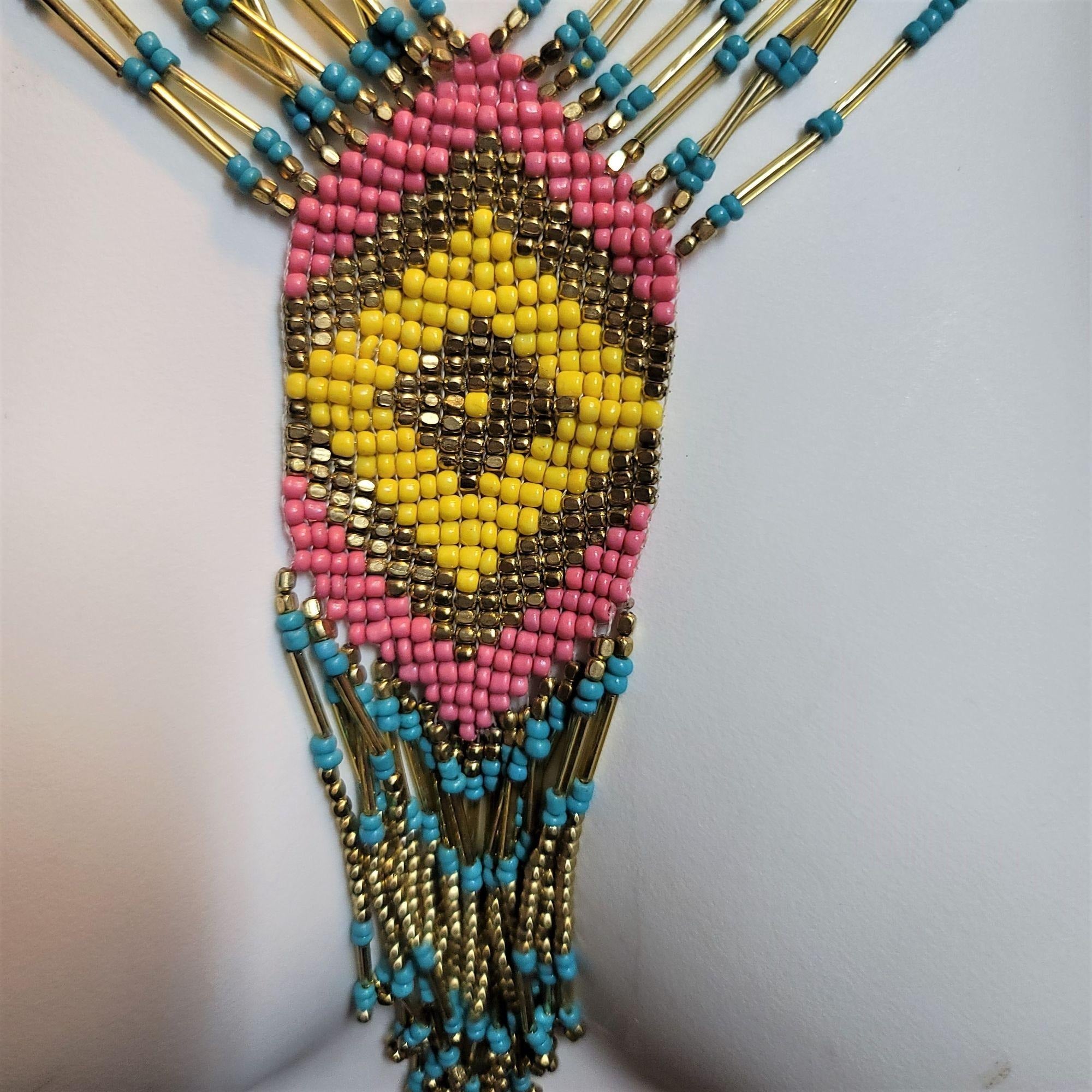 Awesome Seed Bead Necklace Hand made Turquoise Pink