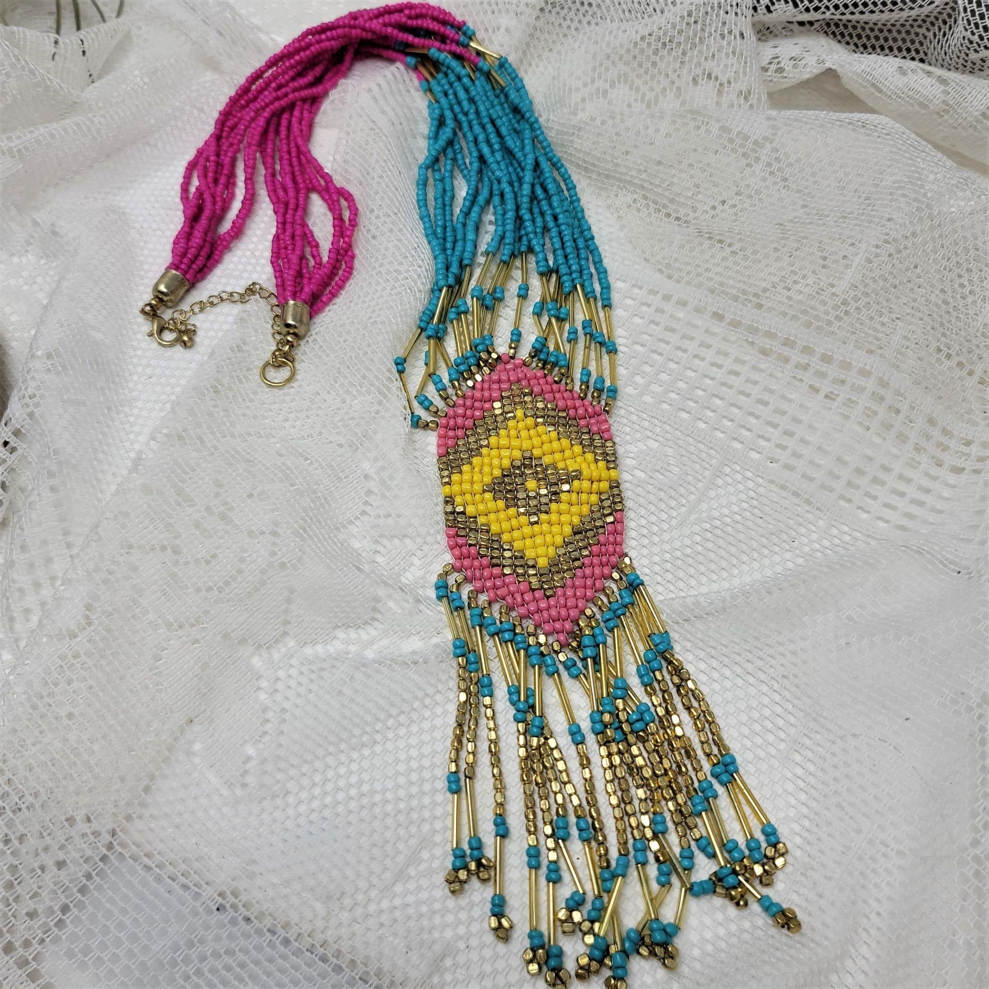 Awesome Seed Bead Necklace Hand made Turquoise Pink