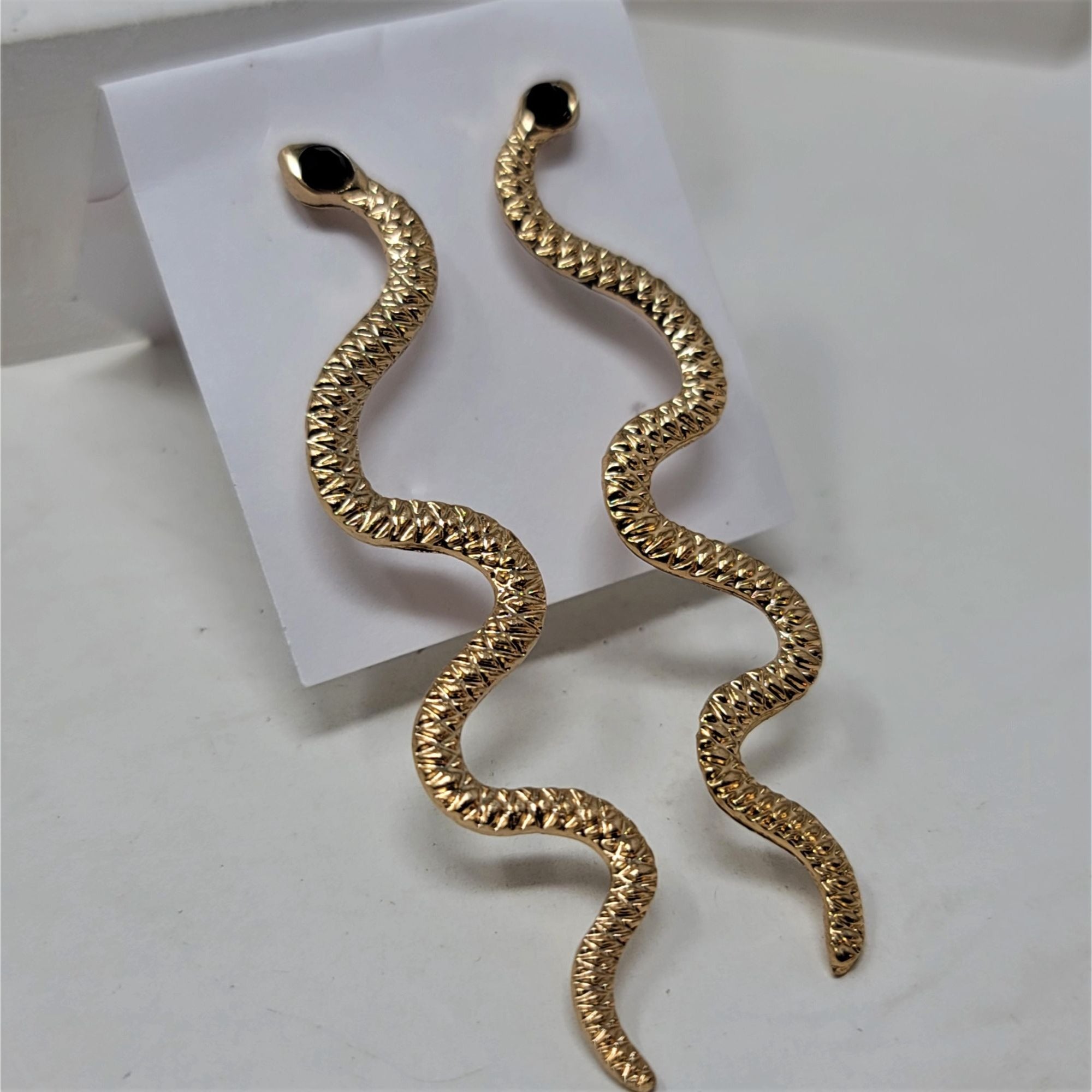 Long Snake Pierced Earrings Black Rhinestone head 2-3/4" Goldtone Posts