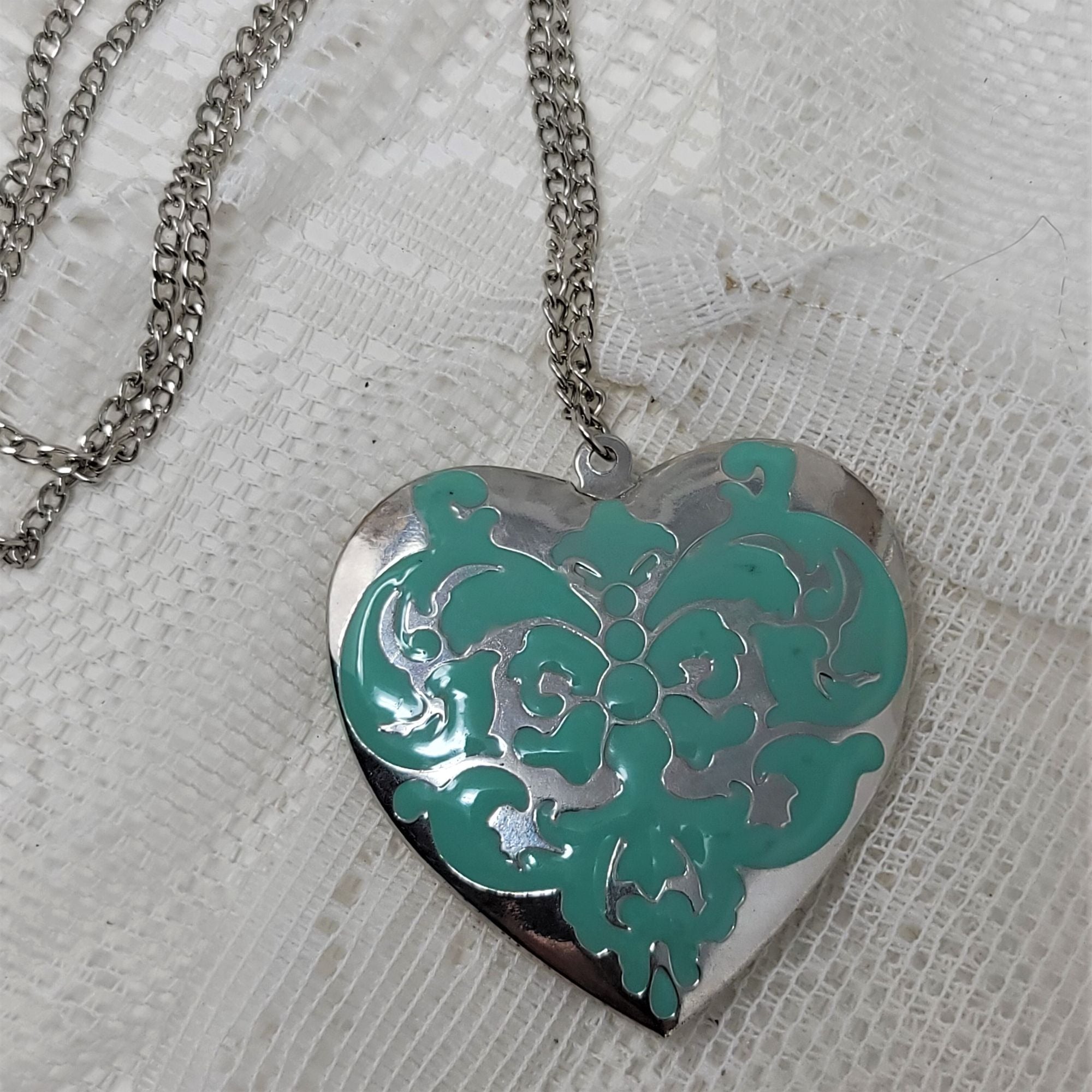 Jumbo Heart Shape Locket Necklace Turquoise Enamel