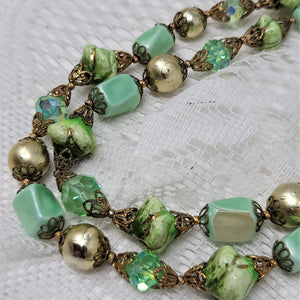 Vintage Double Strand Choker Mint Green Goldtone Necklace