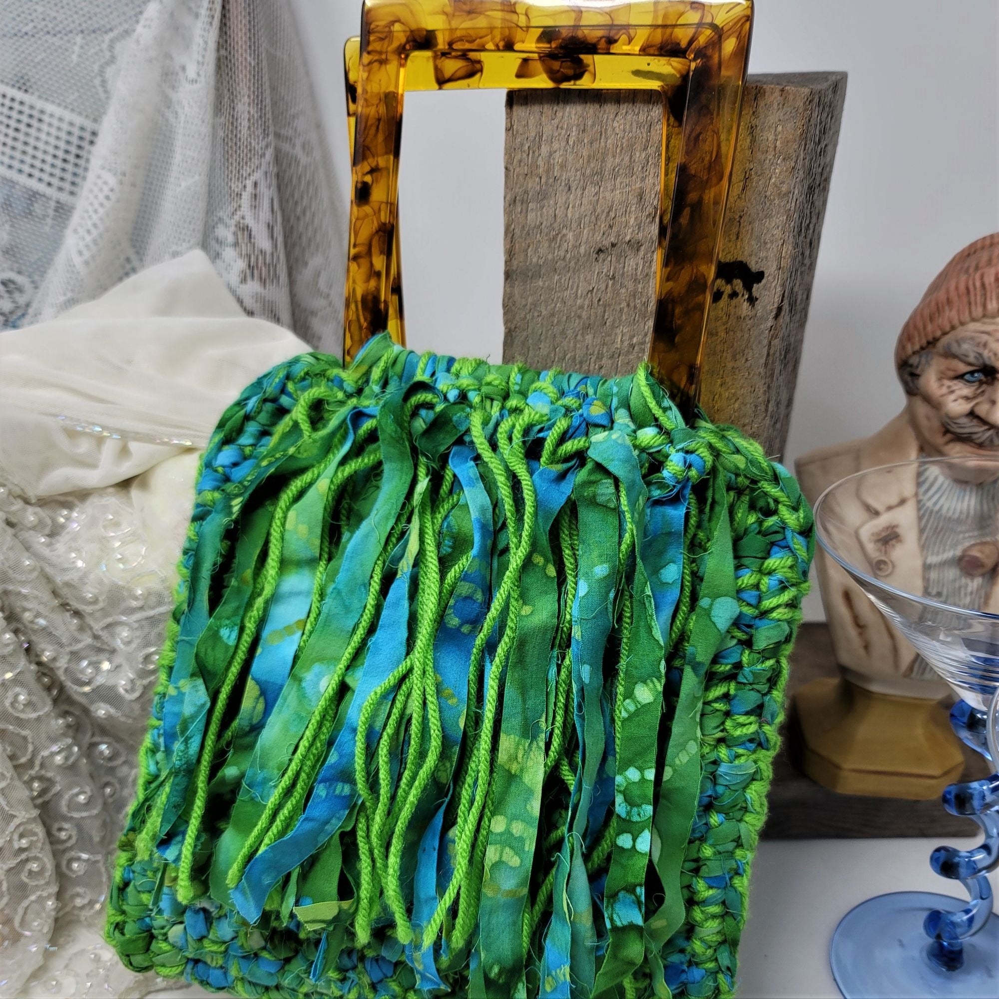Fun Handmade Crochet Fringe Purse Handbag Tortoise Handle Boho