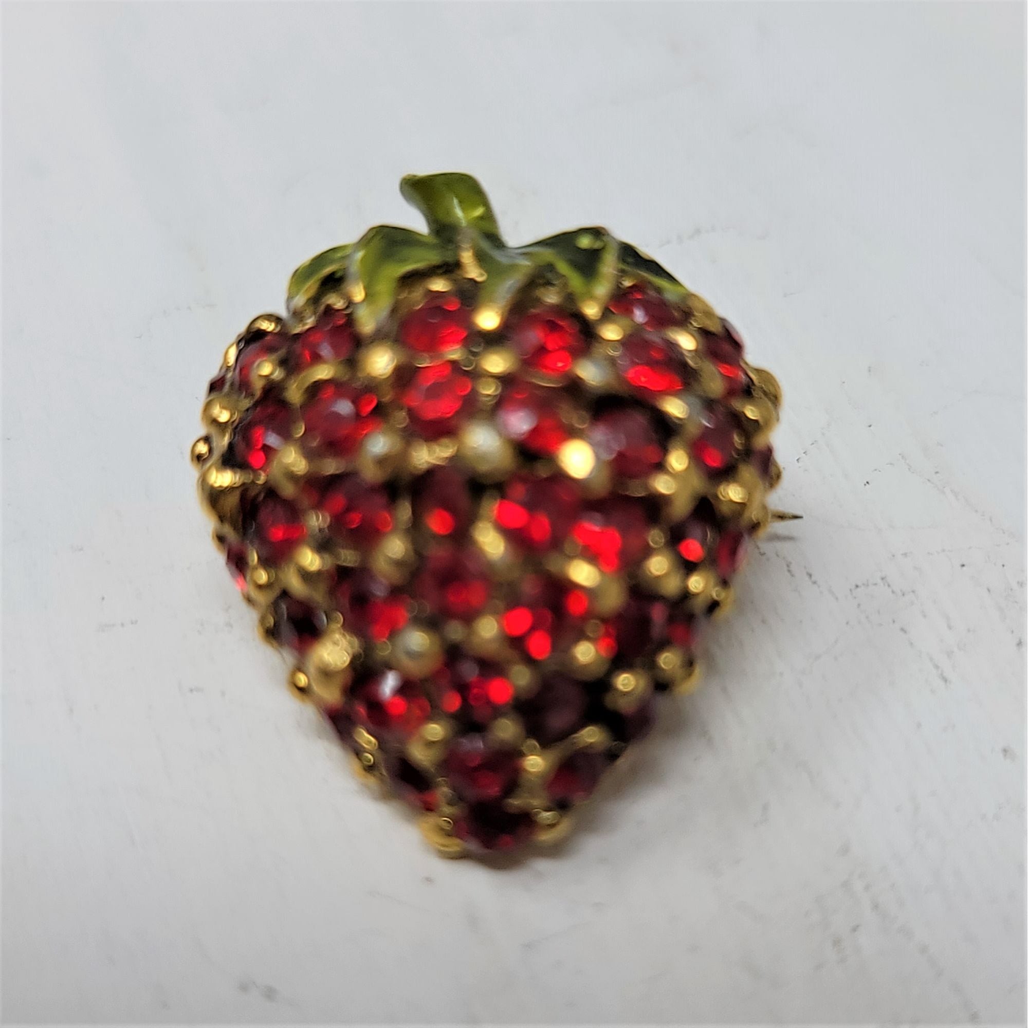 Ruby Red Rhinestone Strawberry Pin Brooch Goldtone