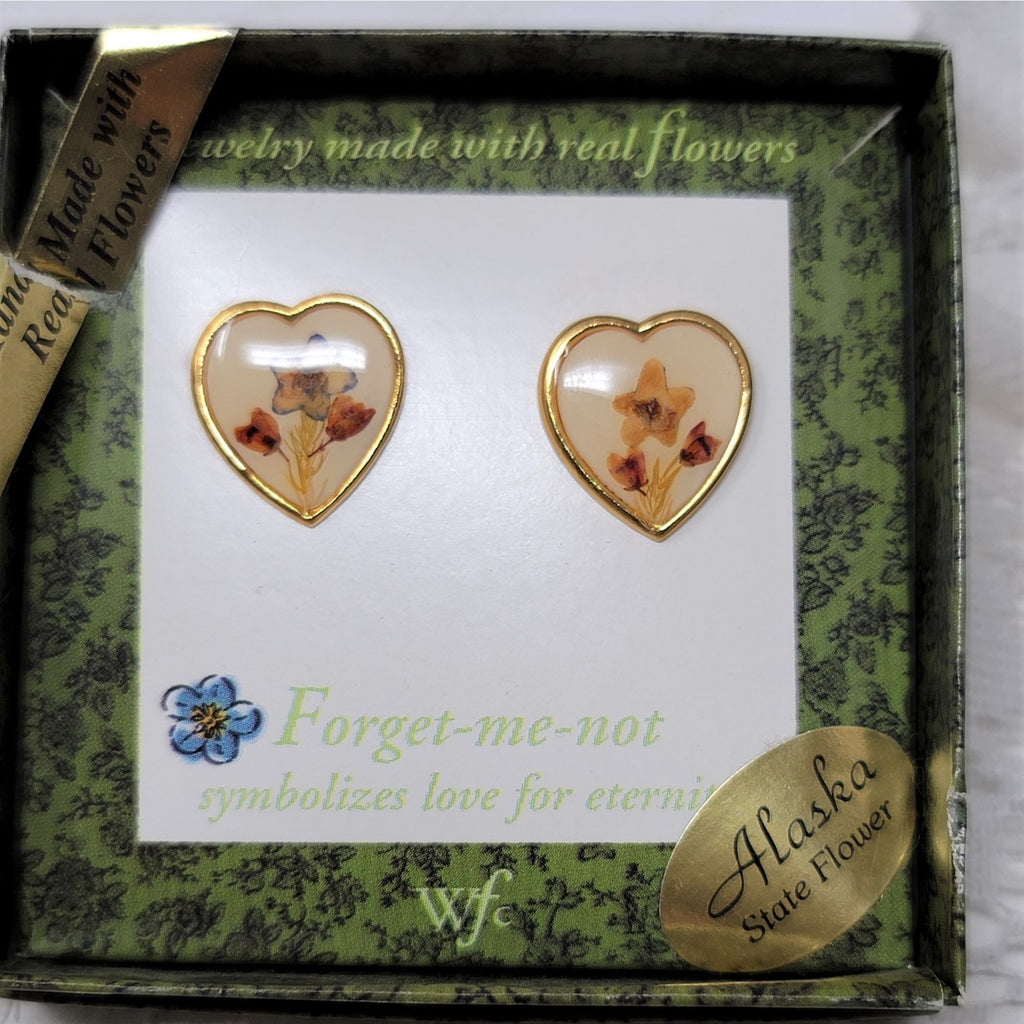Heart shape Earrings Made w/ Real Flowers Forget me nots