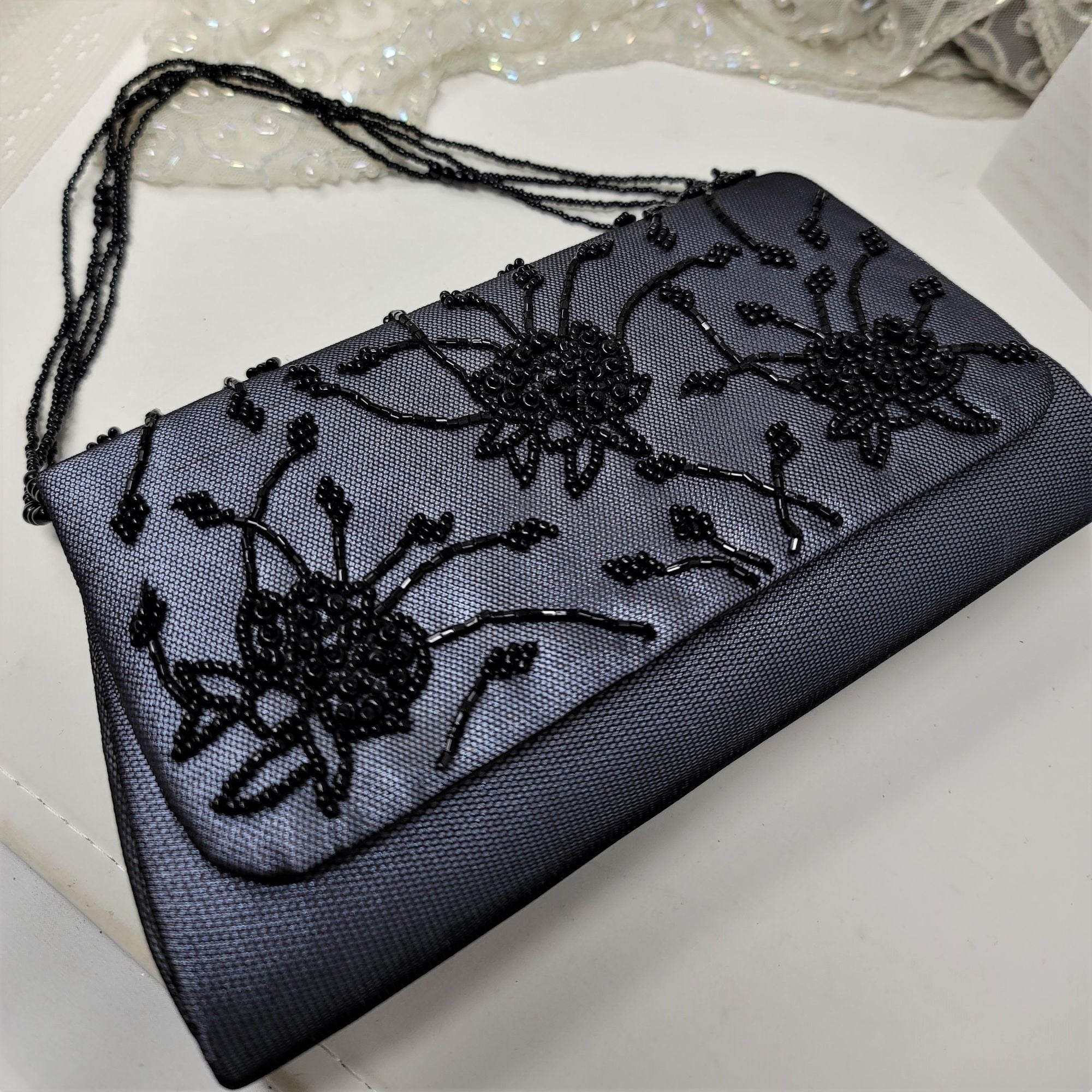 Black Beaded Evening Handbag Purse Floral Pattern