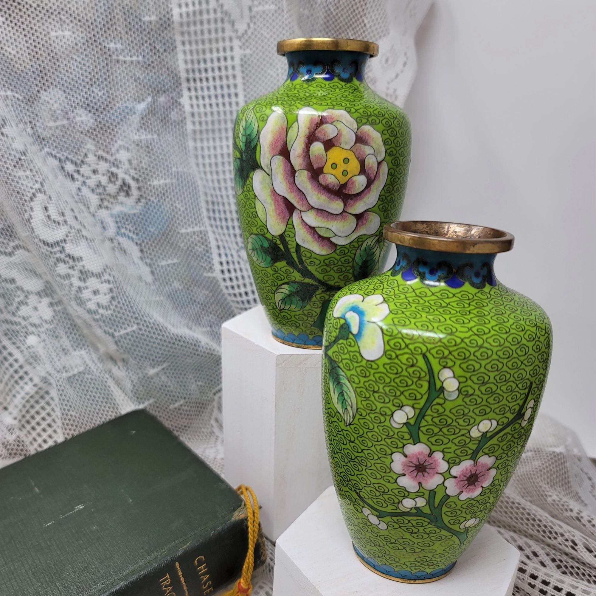 Vintage Green Cloisonné Vases One Matched Pair