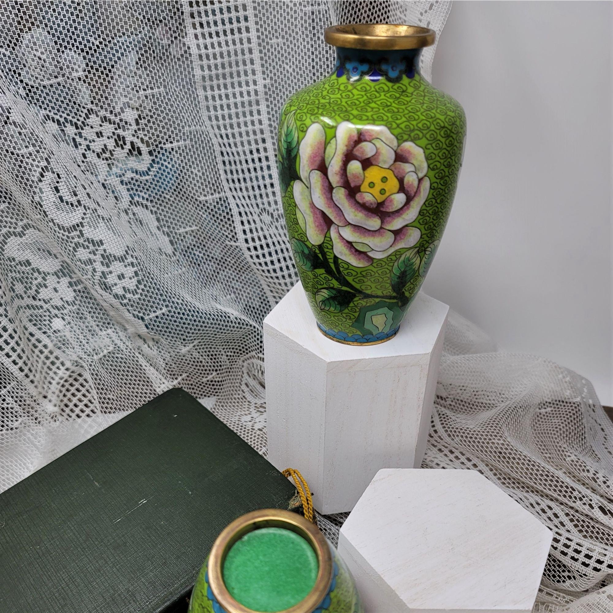 Vintage Green Cloisonné Vases One Matched Pair