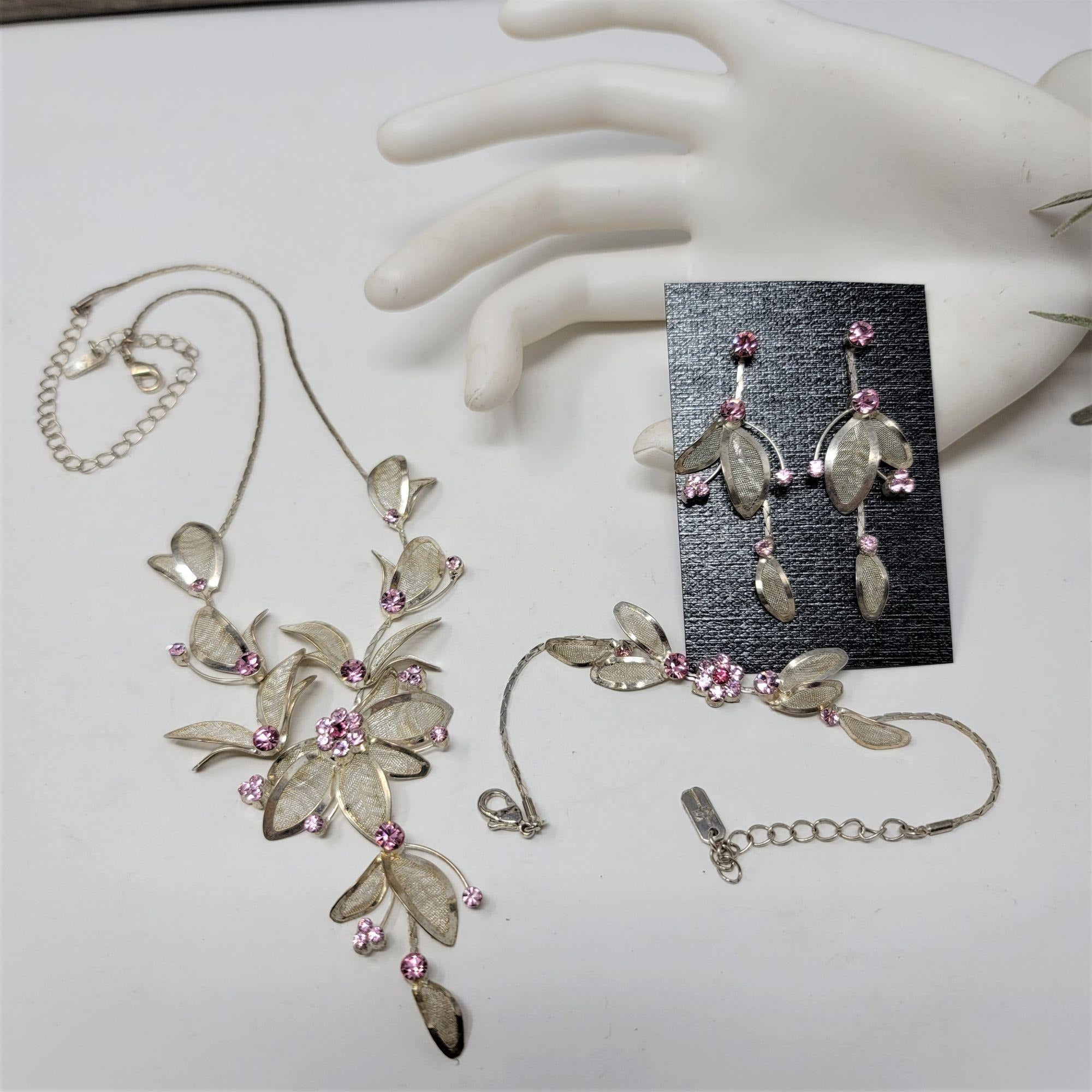 3 Pc Necklace Earring Bracelet Set Silver Mesh Pink Rhinestones