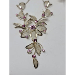3 Pc Necklace Earring Bracelet Set Silver Mesh Pink Rhinestones