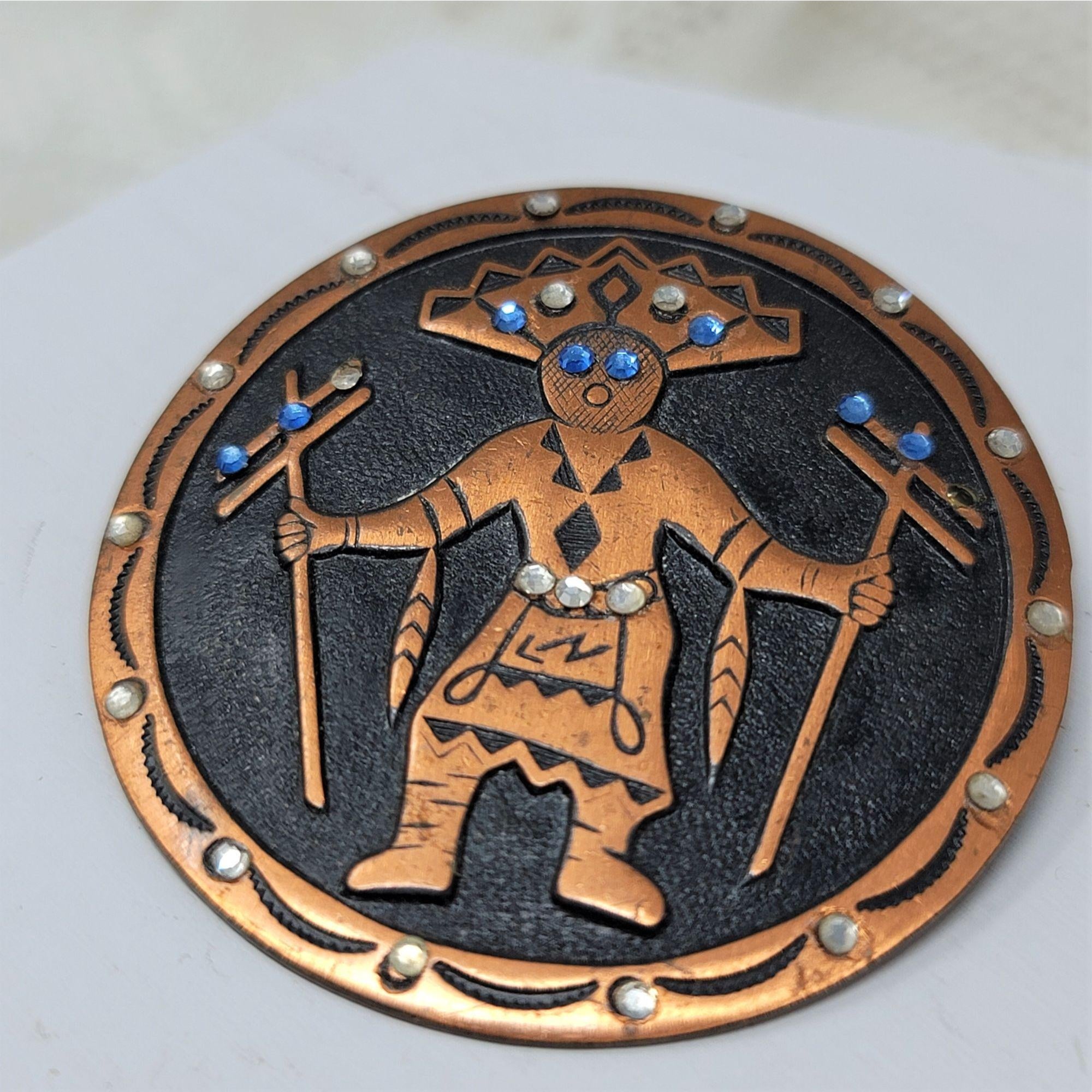 Copper Indian Fancy Dancer Pin Brooch Rhinestones