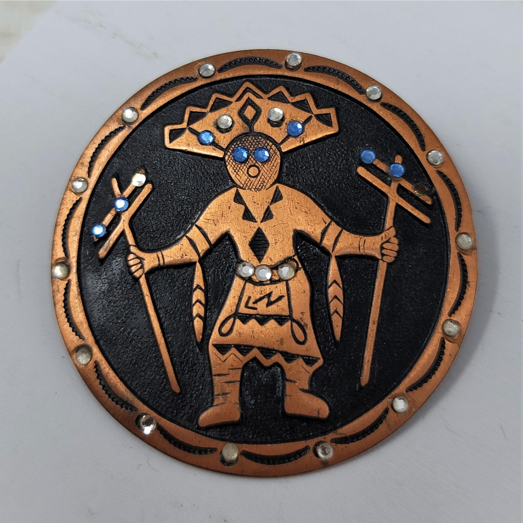 Copper Indian Fancy Dancer Pin Brooch Rhinestones