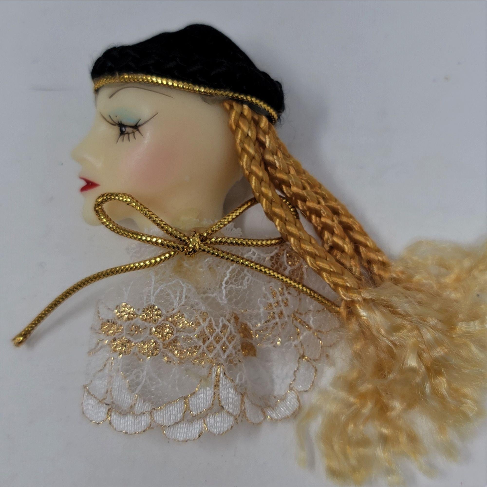 Lady Face Pin Brooch Blond Hair Black Hat