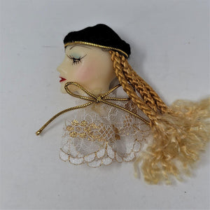 Lady Face Pin Brooch Blond Hair Black Hat