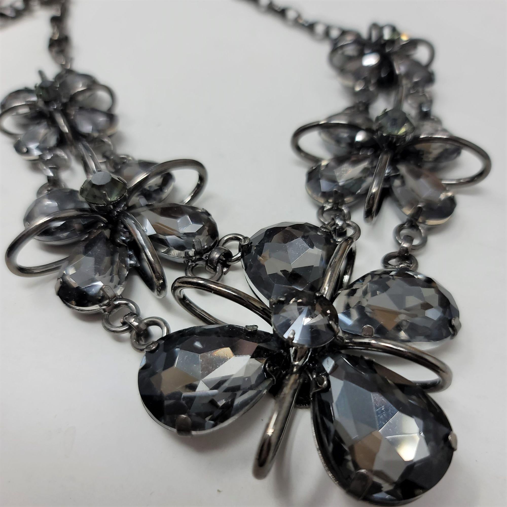 Smokey Gray Sparkling Necklace Floral Design Antique Silver