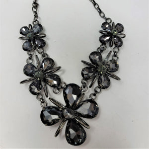 Smokey Gray Sparkling Necklace Floral Design Antique Silver