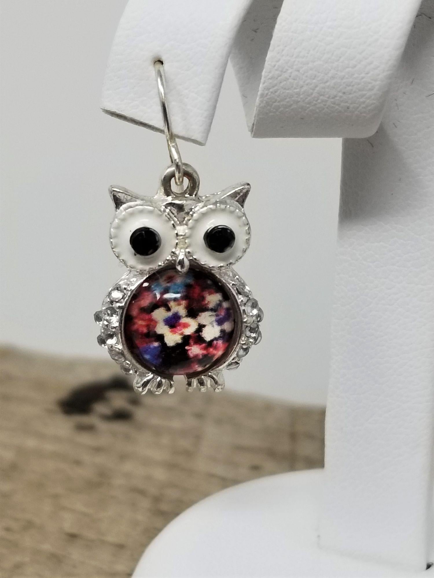 Owl Earrings Pierced Flower belly Rhinestone Eyes