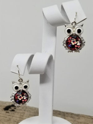 Owl Earrings Pierced Flower belly Rhinestone Eyes