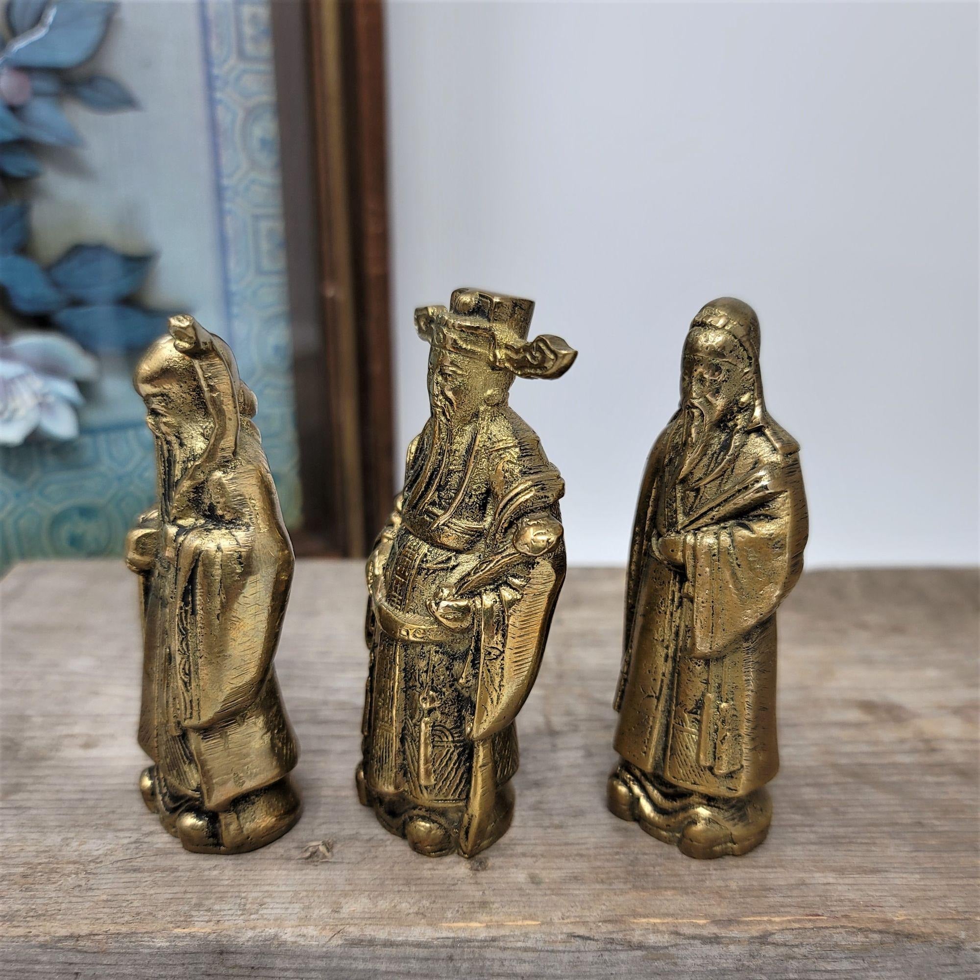 Chinese Sold Brass Miniature Three Star Deities Fu Lu Shou Figures