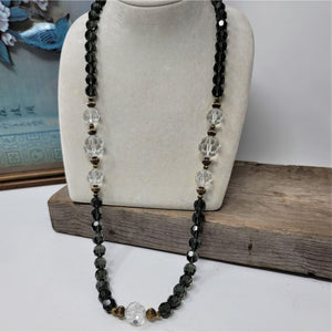 Vintage Glass Beaded Necklace Smokey Gray & Clear