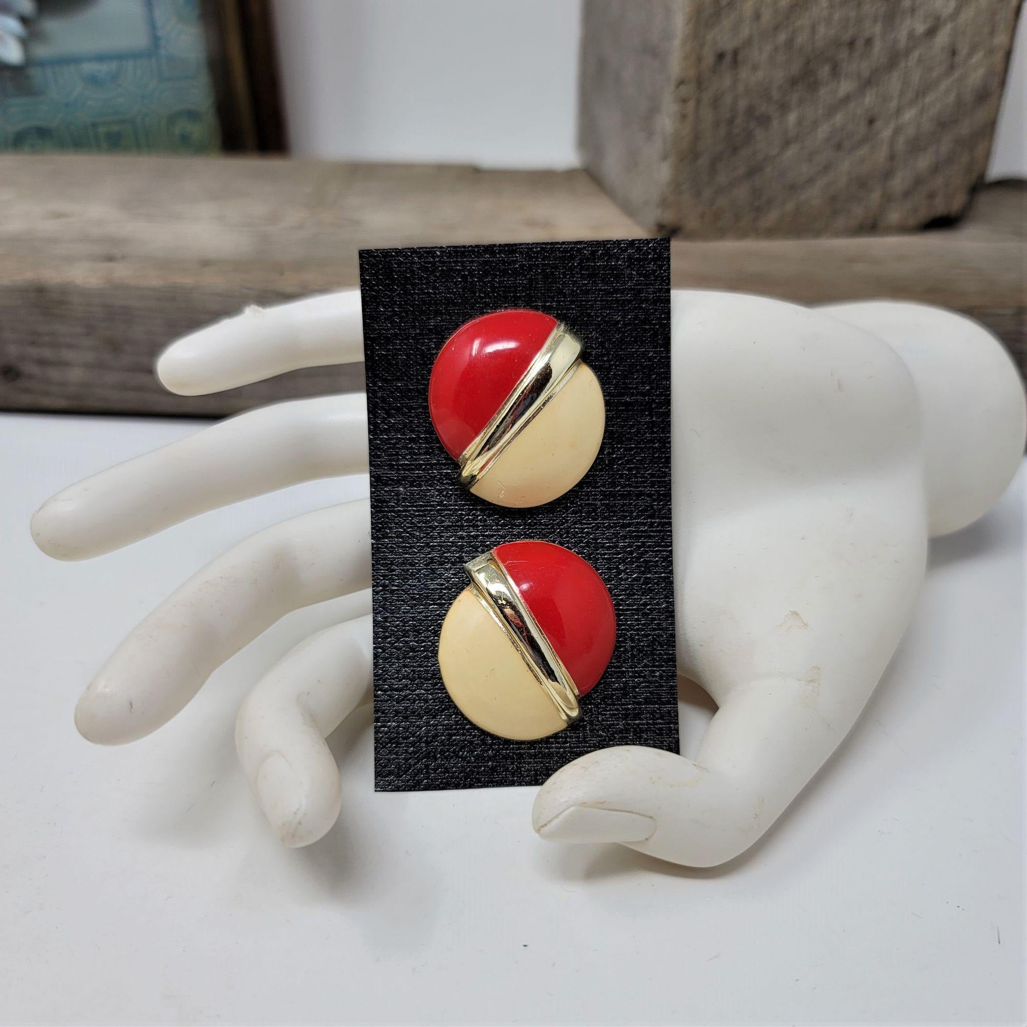 Vintage Enameled Red & Cream Pierced Earrings