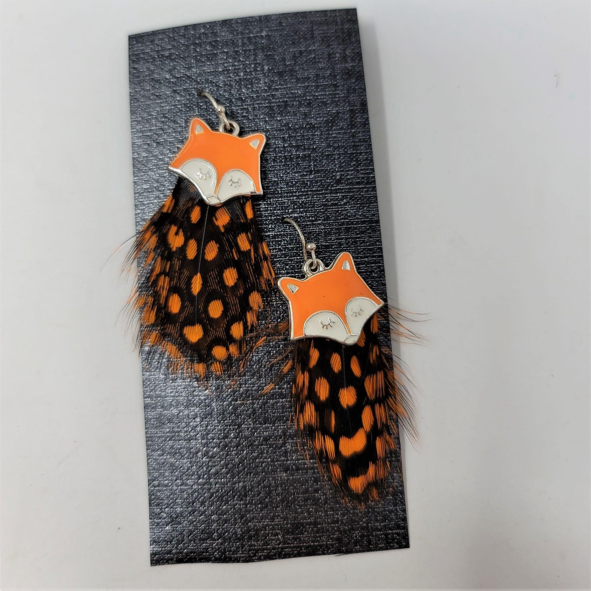 Enamel Fox Pierced Earrings w/ Feathers