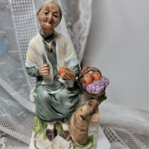 Old Woman Peeling Apples Figurine Vintage Hand Painted