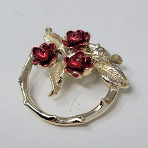 Gerry Vintage Circle Pin Brooch Red Flowers Silver