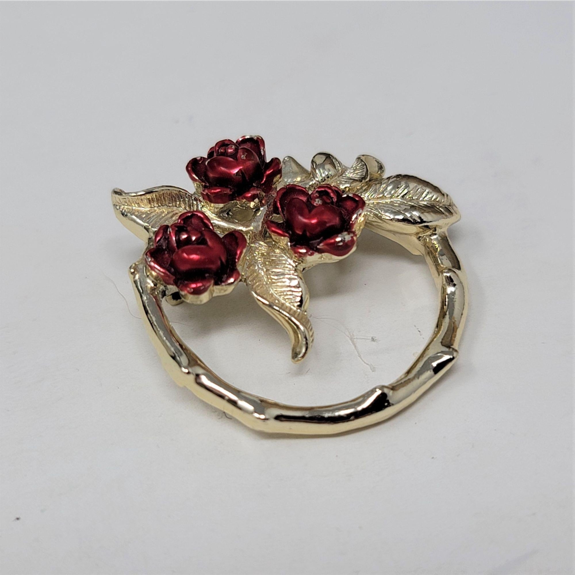 Gerry Vintage Circle Pin Brooch Red Flowers Silver