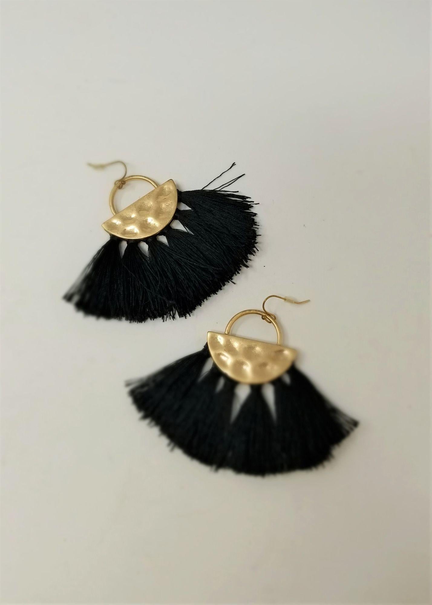 Sassy Large Black Tassel Pierced Earrings Hammered Gold