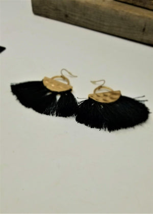 Sassy Large Black Tassel Pierced Earrings Hammered Gold