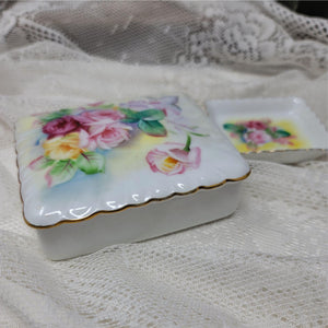 Darling Trinket Box w Tray Vintage Porcelain Floral