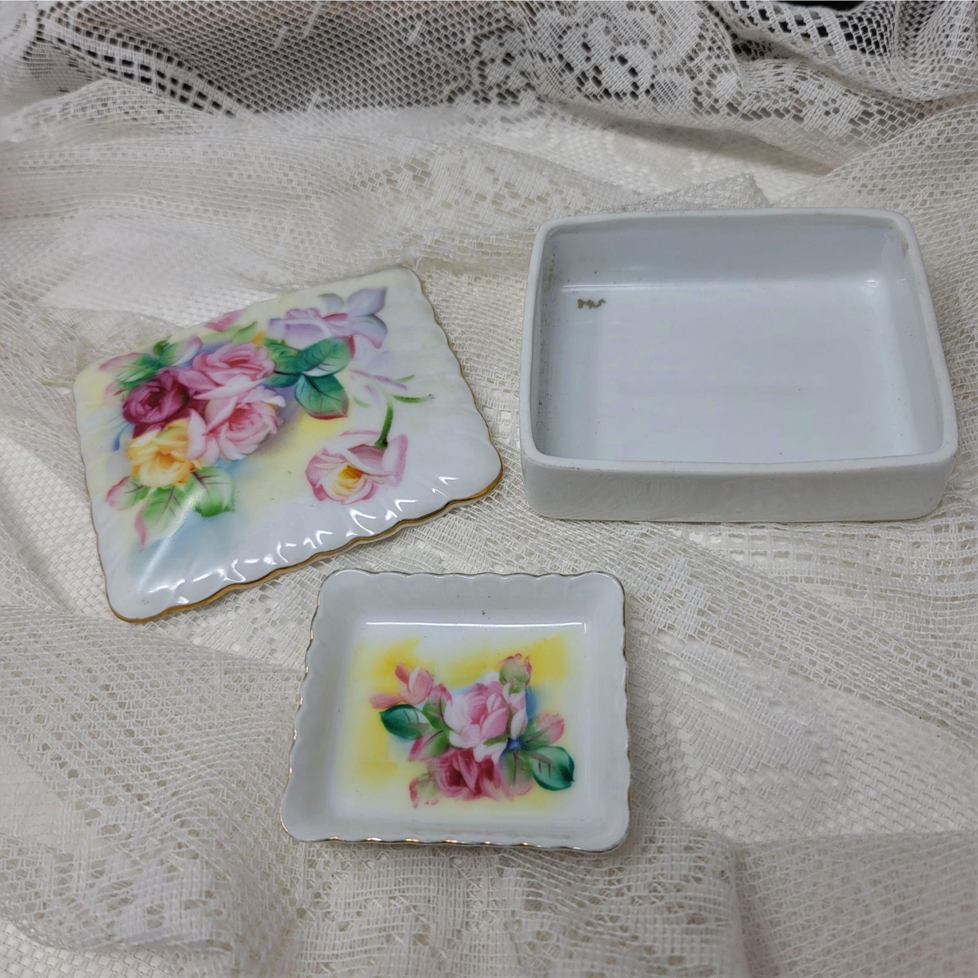 Darling Trinket Box w Tray Vintage Porcelain Floral