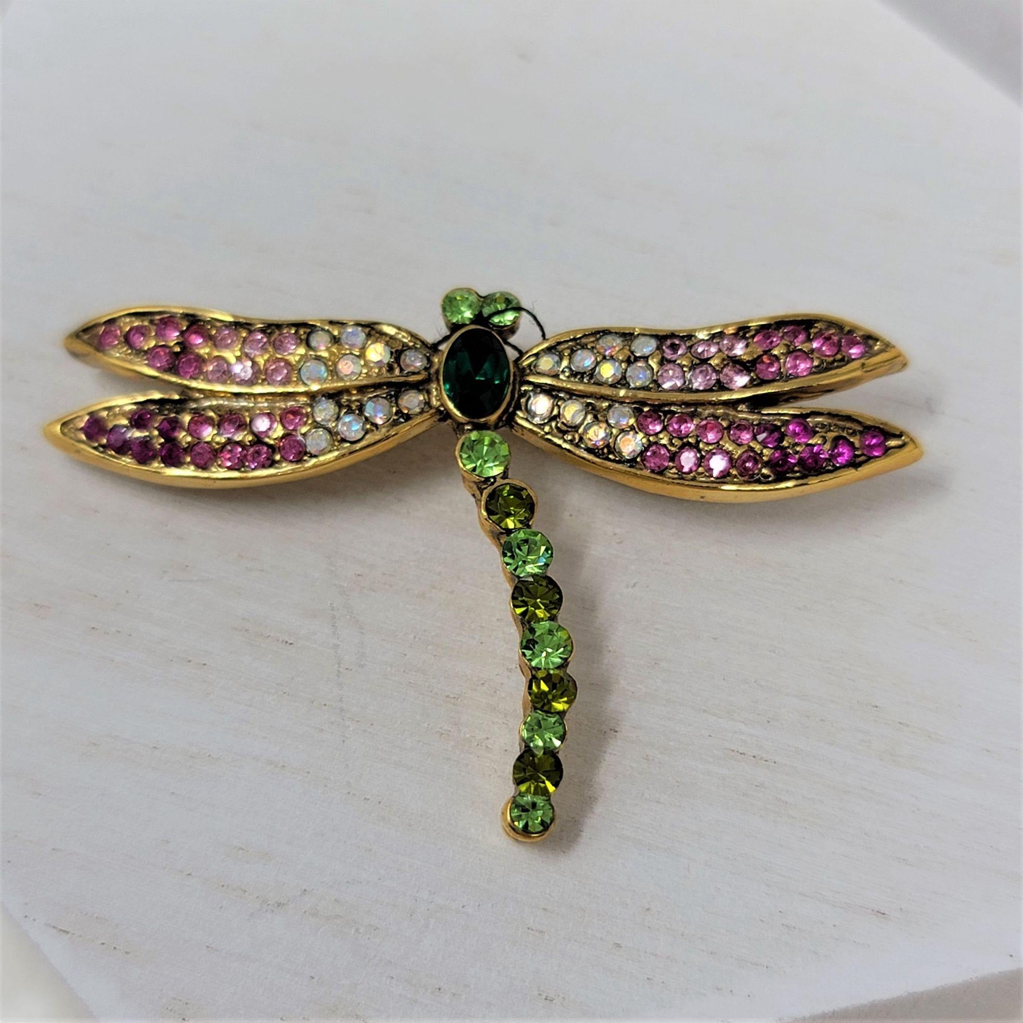 Dragonfly Rhinestone Pin Brooch Pink n Green