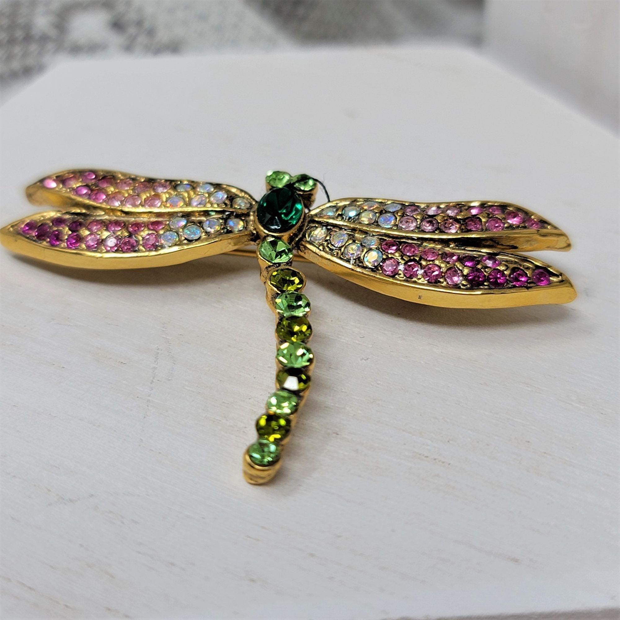 Dragonfly Rhinestone Pin Brooch Pink n Green