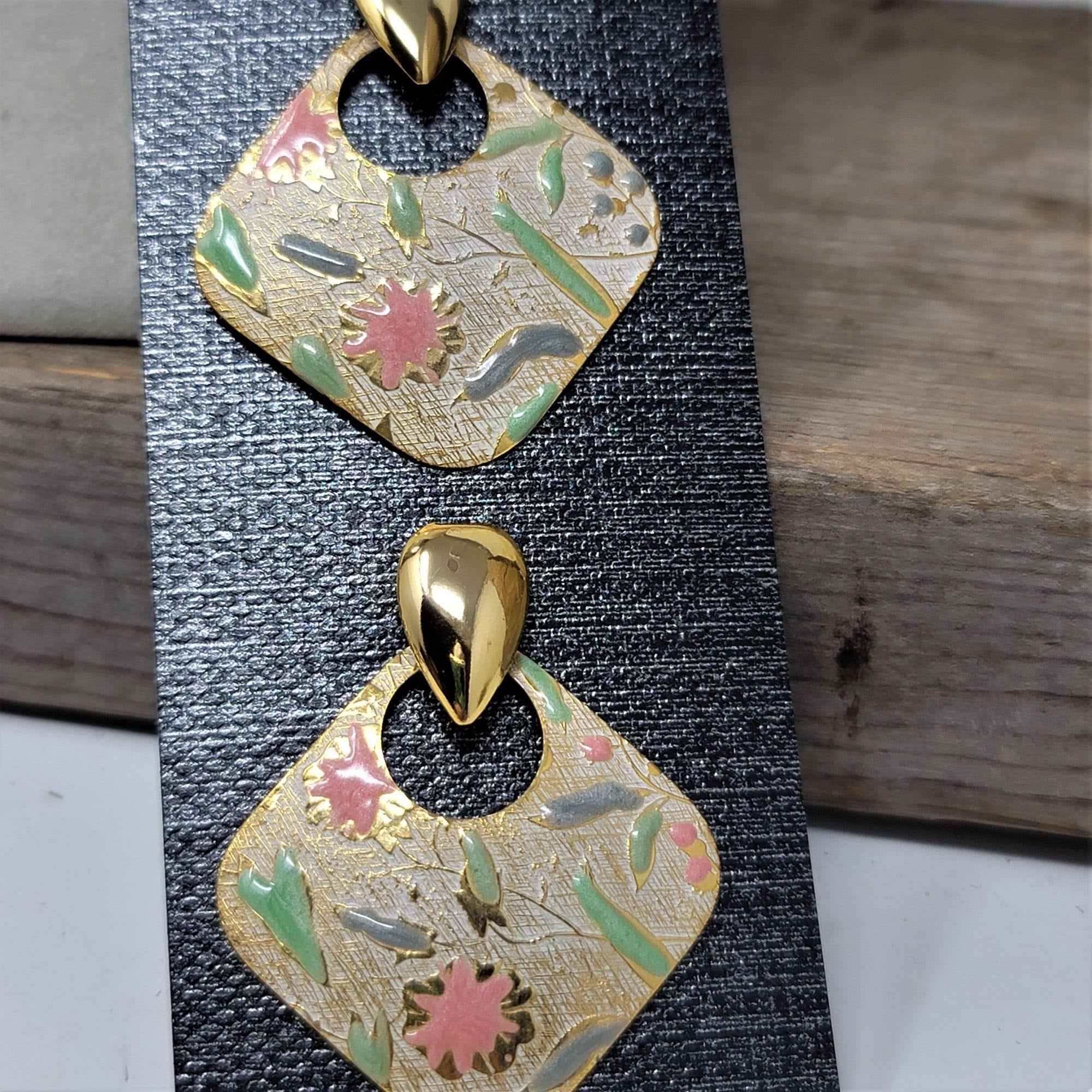 Vintage Enameled Pierced Earrings Enameled Floral Door knockers